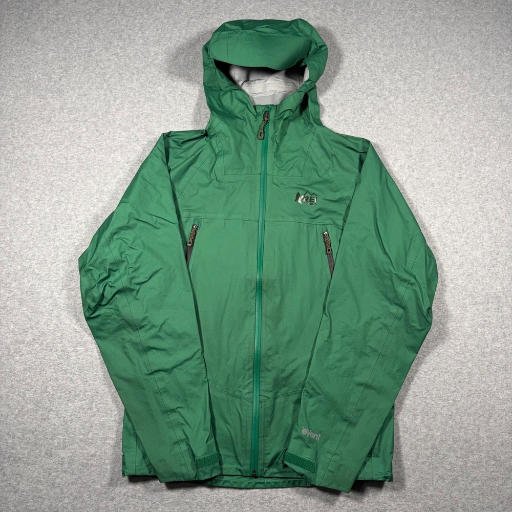 REI Co-op eVent Rain Jacket Mens Small Green Hooded Waterproof Outdoor Shell